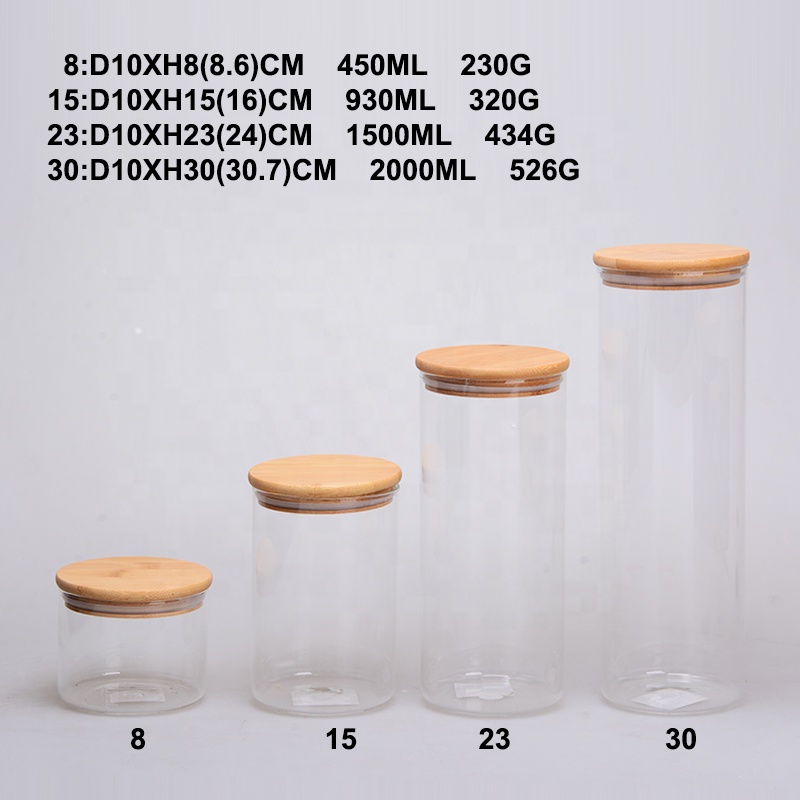 tube shaped glass storage jar Glas Jar with wood Lids / Glass Jar