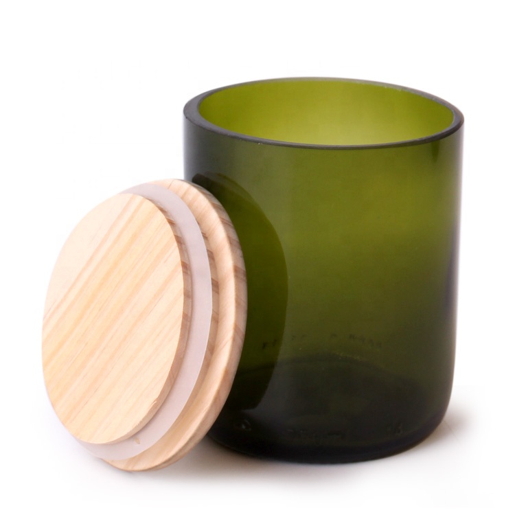 unique 300ml green glass candle jar with wooden lid for home decoration