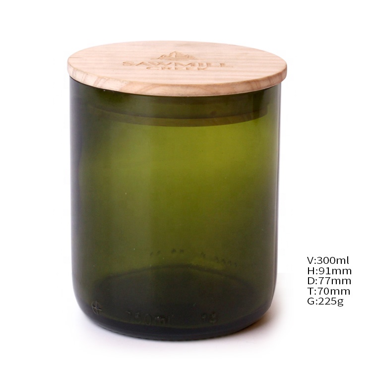unique 300ml green glass candle jar with wooden lid for home decoration
