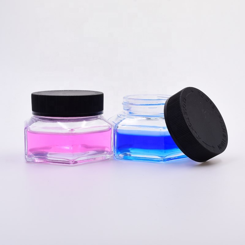 unique 90 ml 3 oz transparent hexagon hemp jars airtight jar child proof resistant flower glass jar with black CR plastic cap
