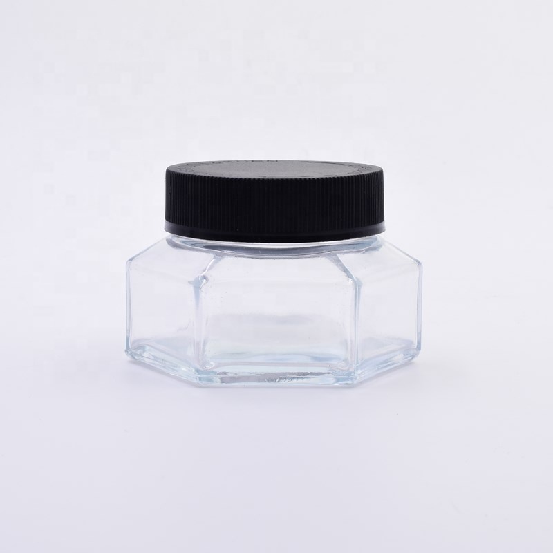 unique 90 ml 3 oz transparent hexagon hemp jars airtight jar child proof resistant flower glass jar with black CR plastic cap