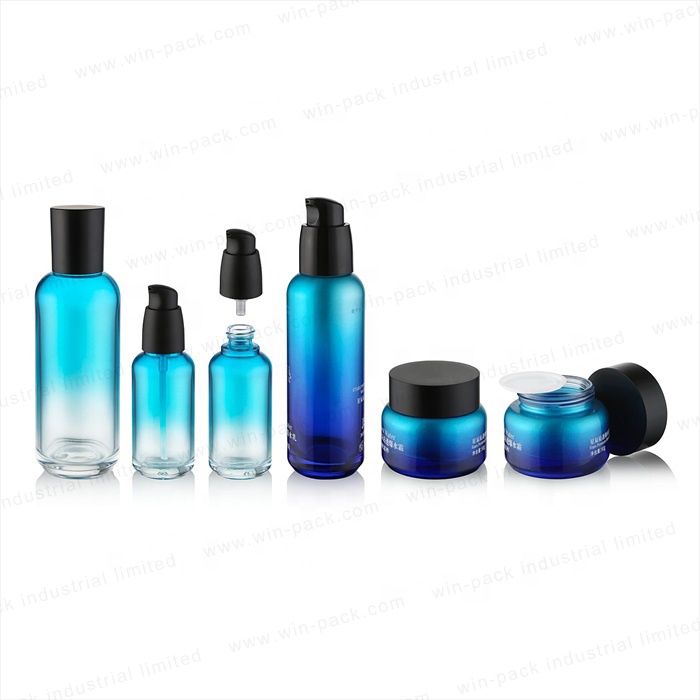 unique round transparent gradient blue color cosmetics glass body cream jar packaging 50g