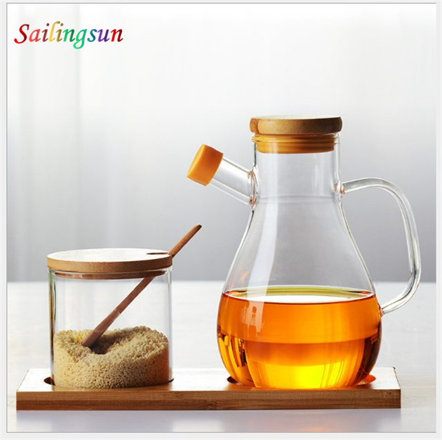 various capacity with bamboo lid handcraft olive oil vinegar pyrex glass cruet