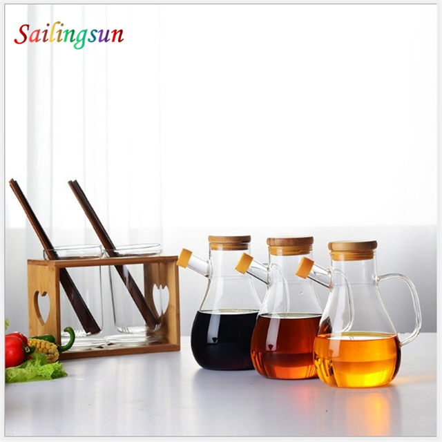various capacity with bamboo lid handcraft olive oil vinegar pyrex glass cruet
