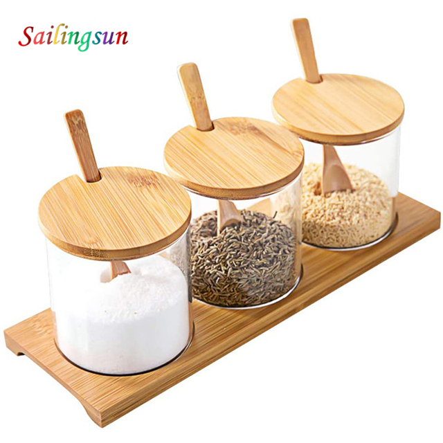 various capacity with bamboo spoon tray and lid handmade pyrex glass jar set