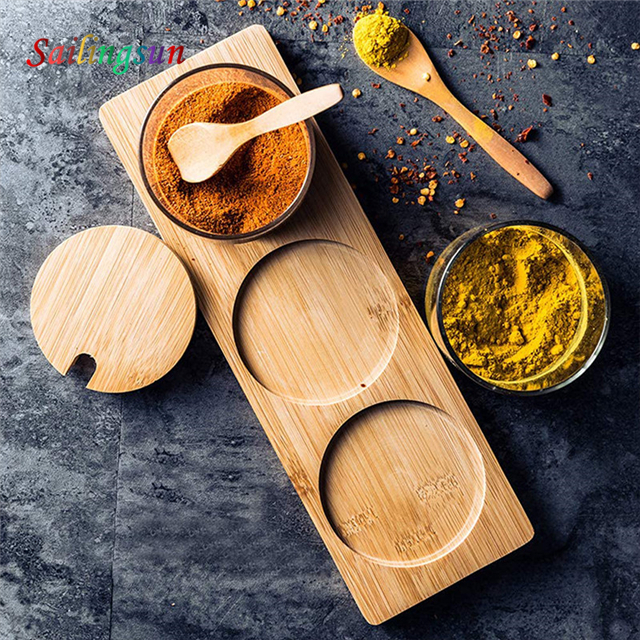 various capacity with bamboo spoon tray and lid handmade pyrex glass jar set
