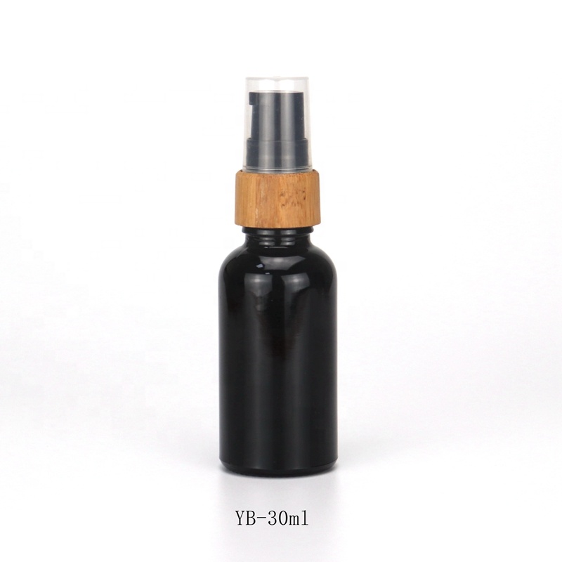 violet glass bottle 30ml black glass bottle with bamboo wood pump cap