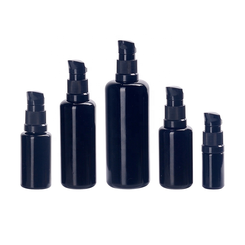 violet glass empty cosmetic black glass bottles 15ml 30ml 50ml 100ml plastic treatment pump beak pump violet glass serum bottles