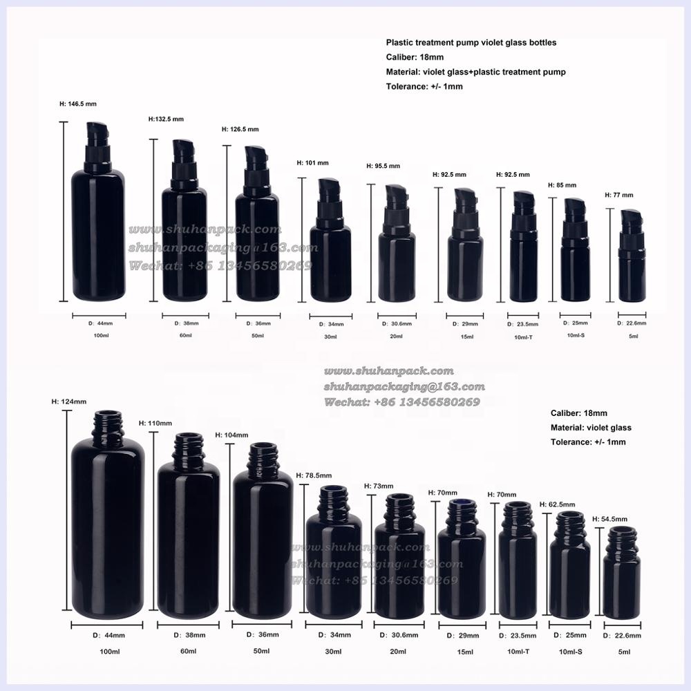 violet glass empty cosmetic black glass bottles 15ml 30ml 50ml 100ml plastic treatment pump beak pump violet glass serum bottles