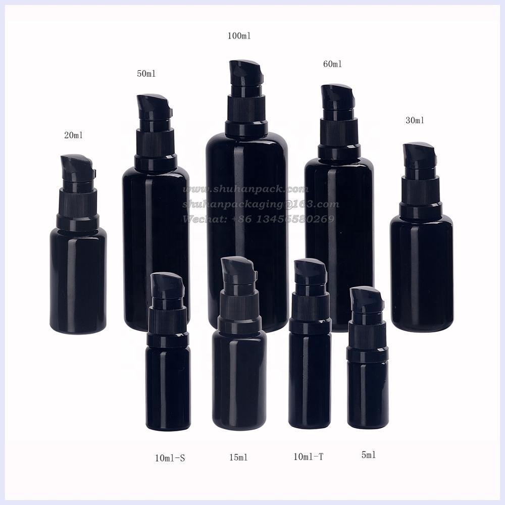 violet glass empty cosmetic black glass bottles 15ml 30ml 50ml 100ml plastic treatment pump beak pump violet glass serum bottles