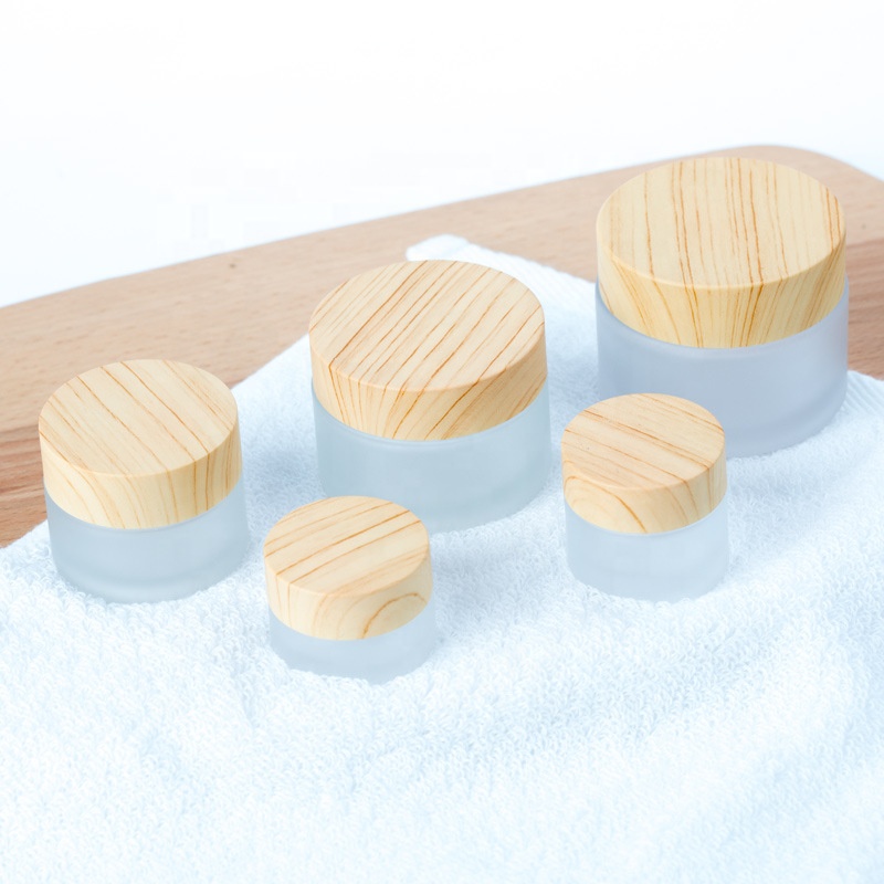 water transfer plastic wooden cap 30 g frosted glass jar 30ml empty cosmetic glass jar for face cream