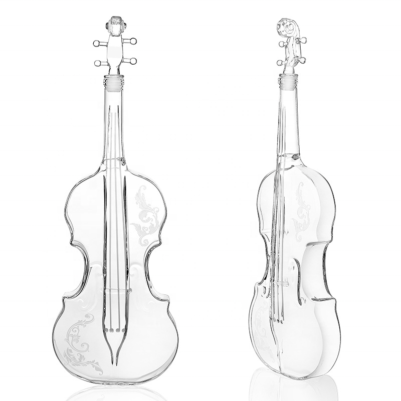 whisky vodka guitar shaped glass decanter with wooden base