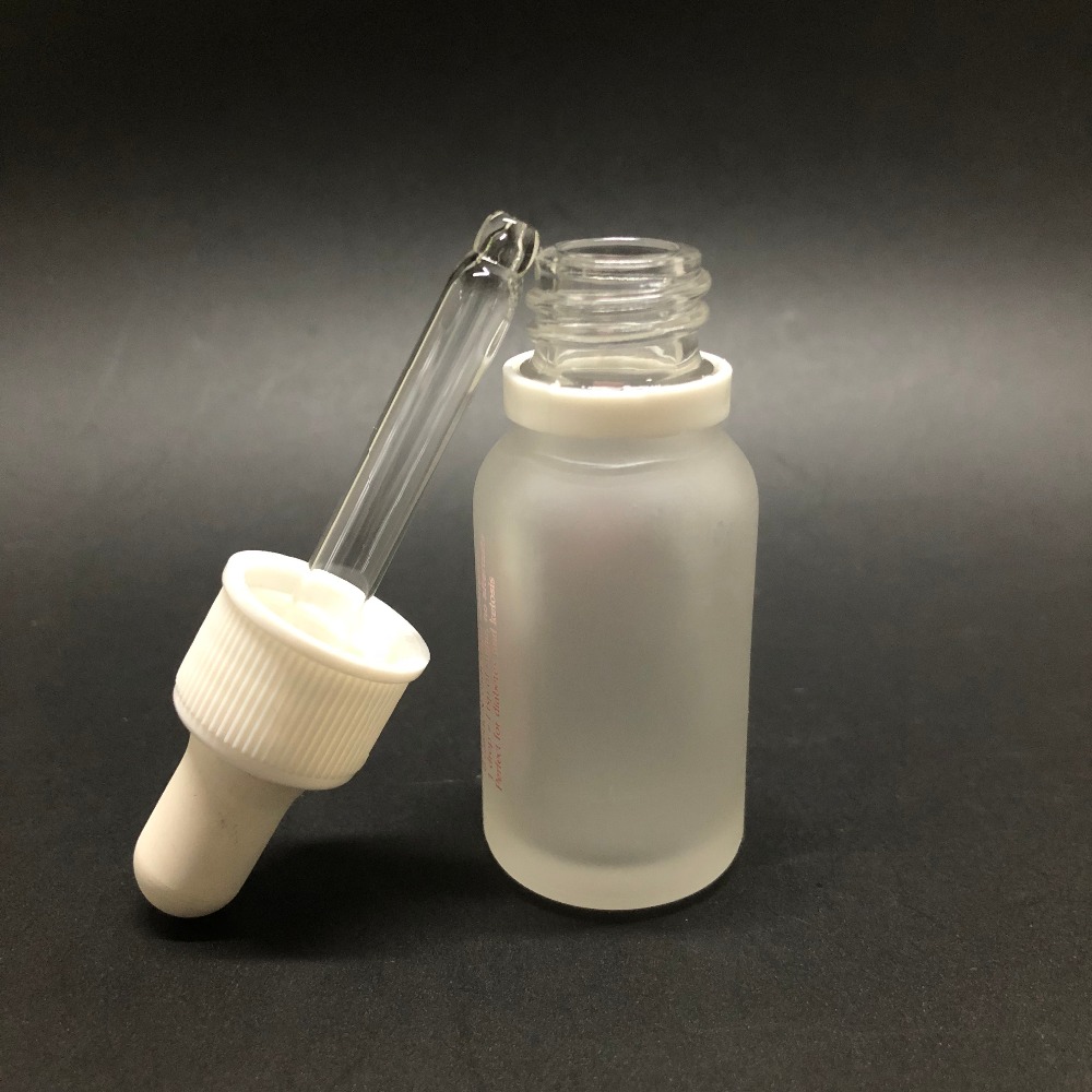 white frosted round 30 ml glass dropper bottle with tamper evident droppers