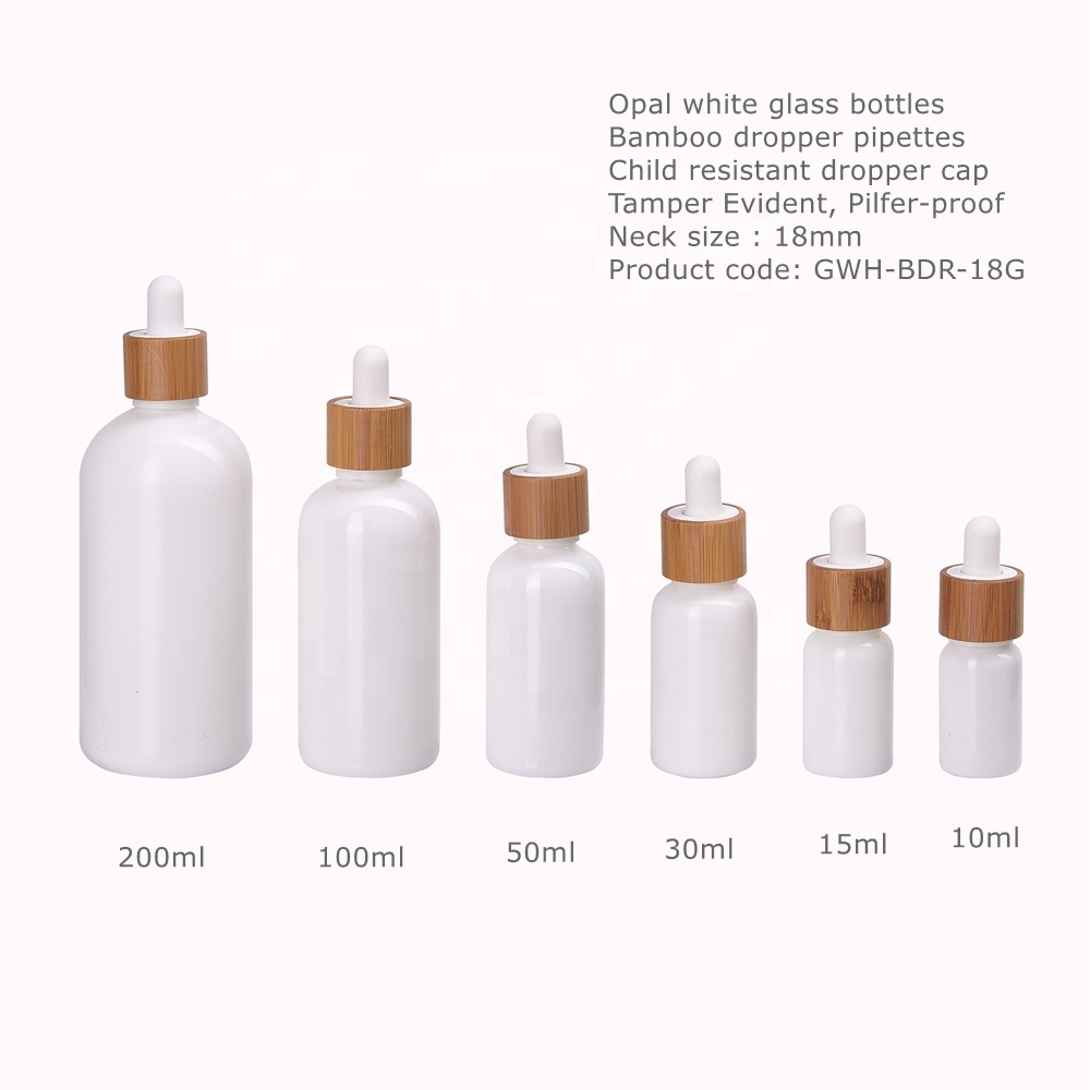 white glass 30ml 50ml 100ml essential oil bottle CRC child resistant tamper proof plastic bamboo glass dropper white bottle