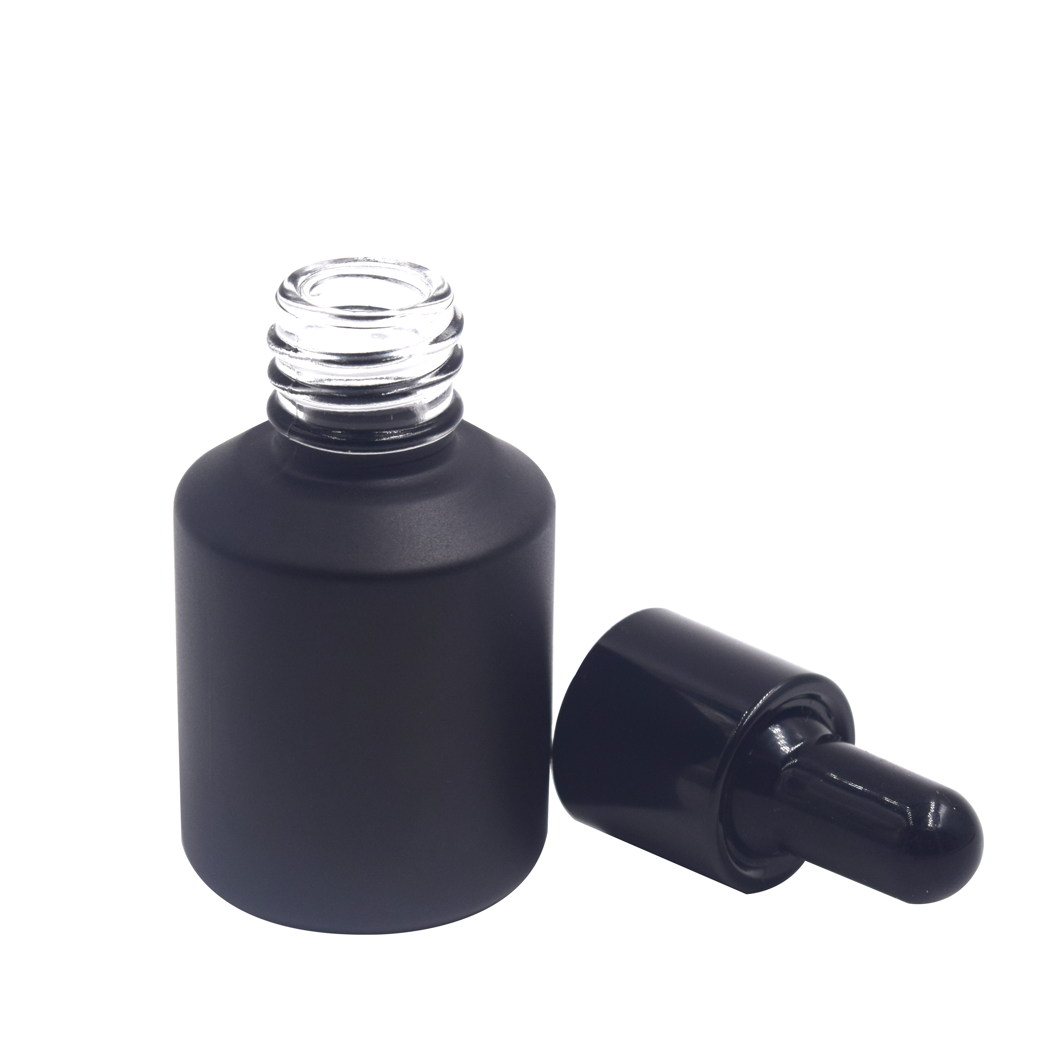 whole sale matte black small 15ml 30ml frosted empty round cosmetic bottles glass dropper bottle for skin care oil