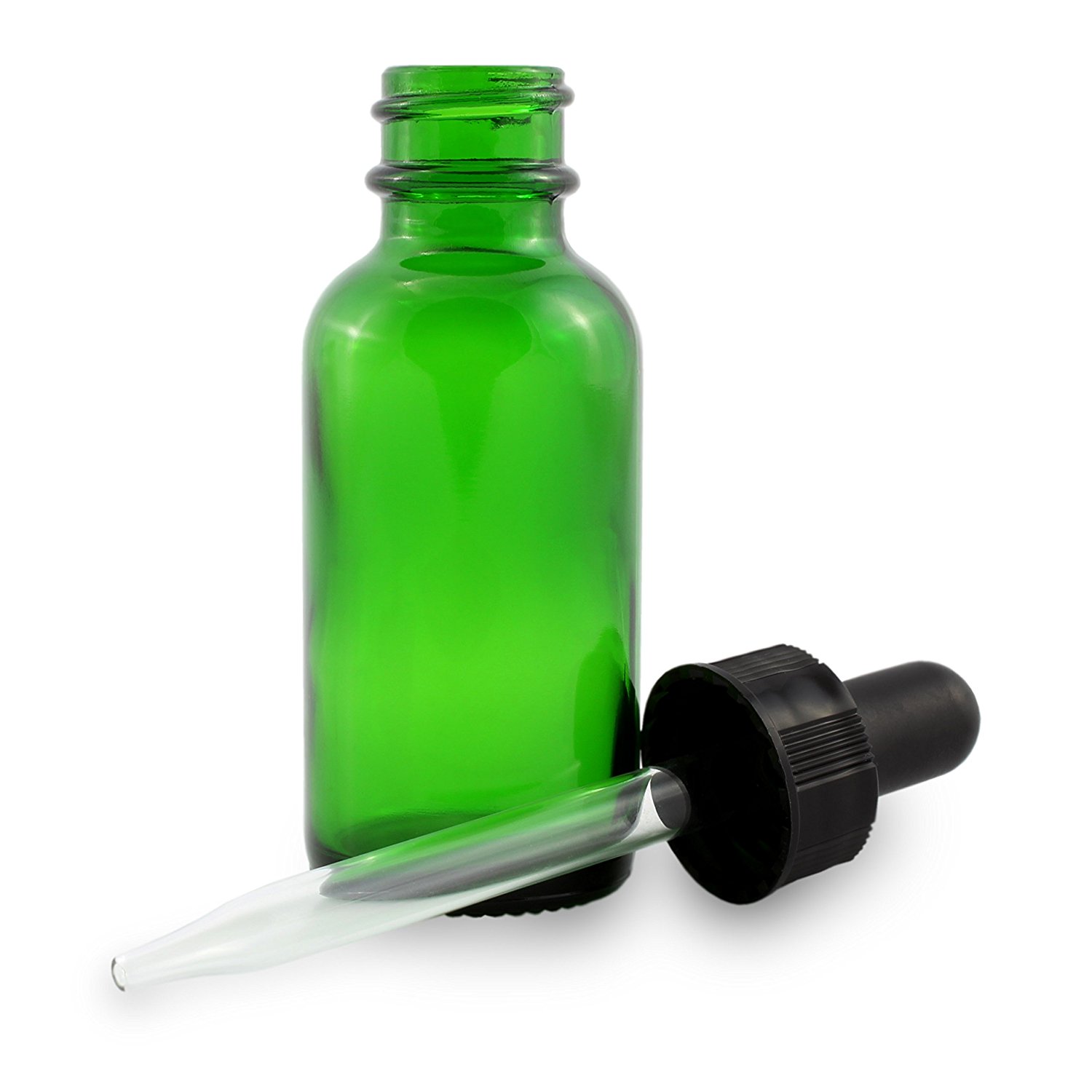 wholesale 1 oz Green Boston Round Glass Dropper Bottle with 20 Neck Finished Black Dropper Cap