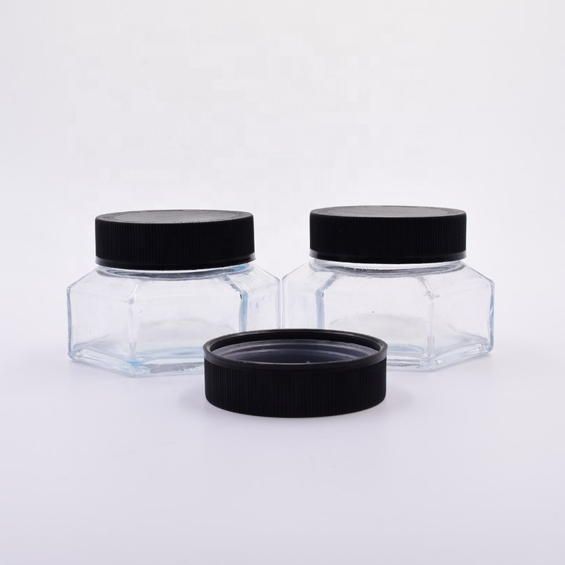 wholesale 100 ml 3oz clear hexagon frasco cosmetic pressure pilfer-proof weed jars custom child proof glass jar with CR lid