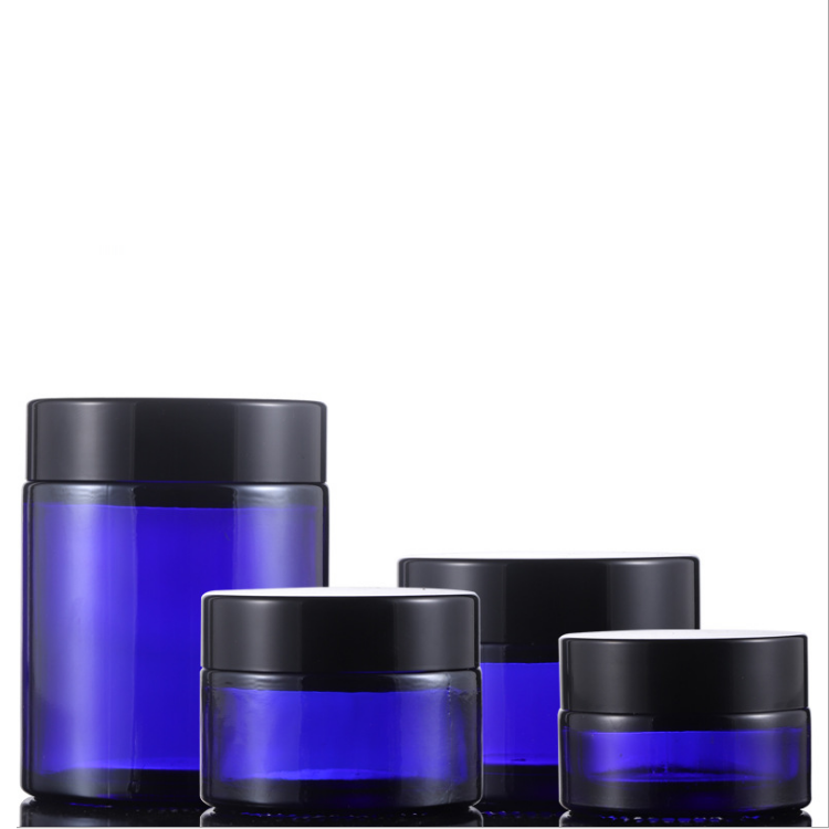 wholesale 100g round natural Cobalt blue glass cosmetic cream jar with inner seal and black gold cap