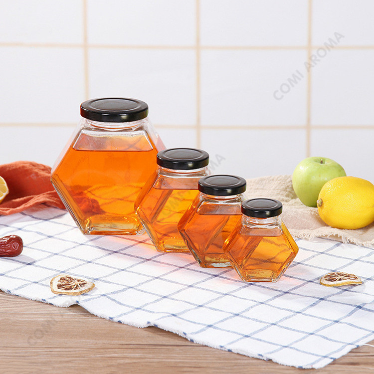 wholesale 100ml 180ml 280ml 380ml clear hexagonal honey glass jars with metal lid