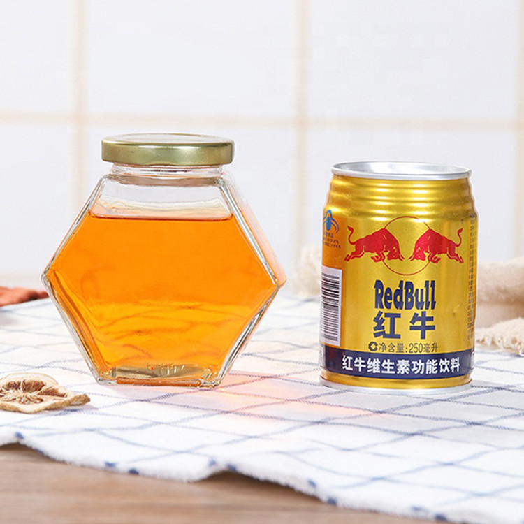 wholesale 100ml 180ml 280ml 380ml clear hexagonal honey glass jars with metal lid