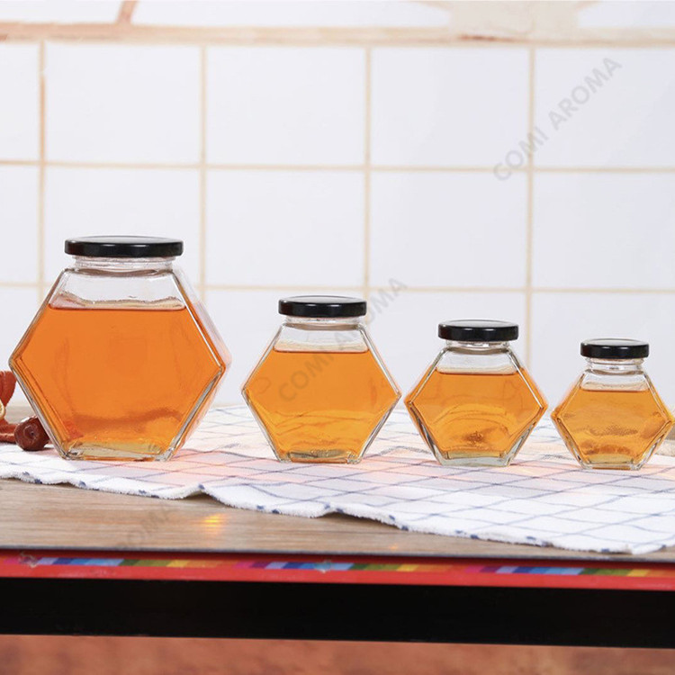 wholesale 100ml 180ml 280ml 380ml clear hexagonal honey glass jars with metal lid