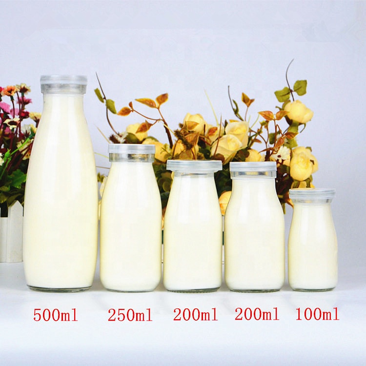 wholesale 100ml 200ml 250ml 500ml milk beverage juice glass bottle with plastic cap