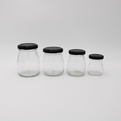 wholesale 100ml 200ml mini glass jam jar with black metal lids round clear glass storage pudding bottle for honey in bulk