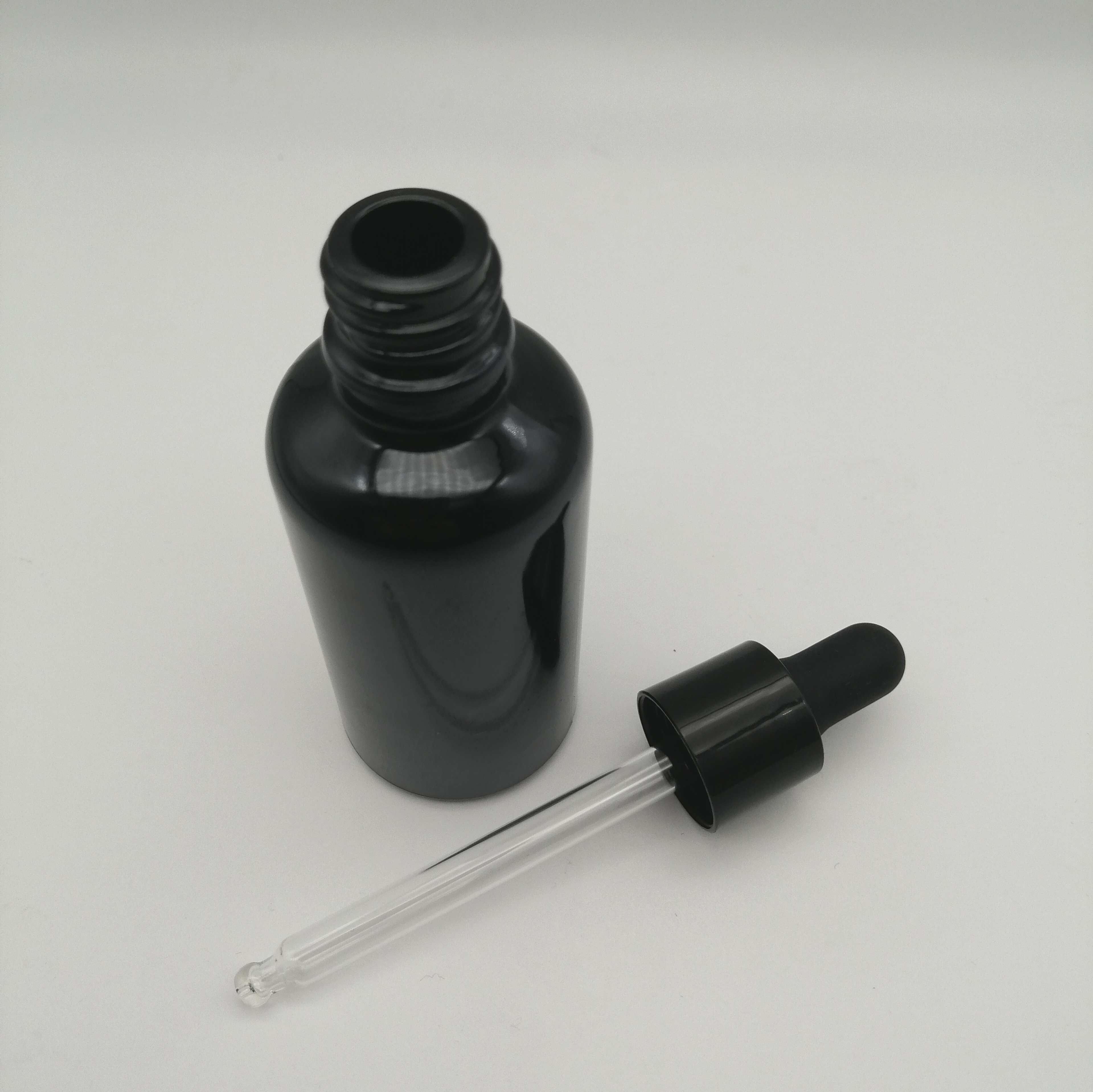 wholesale 100ml shiny black dropper glass bottle with black metal cap dropper container glass