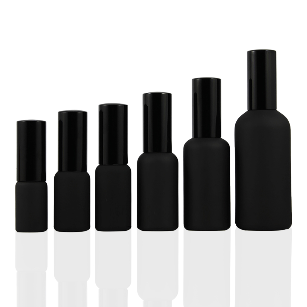 wholesale 10ml 15ml 20ml 30ml 50ml 100ml matte black glass pump bottles, aluminum spray/lotion pump cap