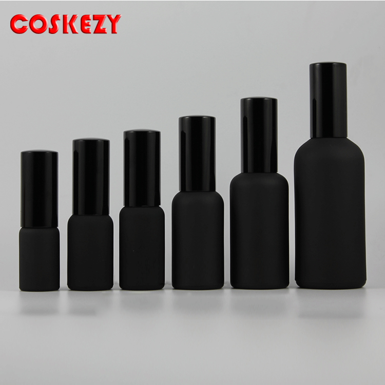 wholesale 10ml 15ml 20ml 30ml 50ml 100ml matte black glass pump bottles, aluminum spray/lotion pump cap