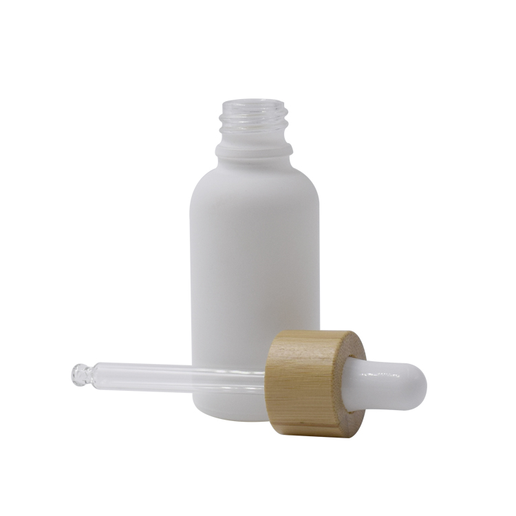 wholesale 10ml 15ml 20ml 30ml 50ml 100ml matte frosted white essential oil glass bottle with bamboo dropper cap