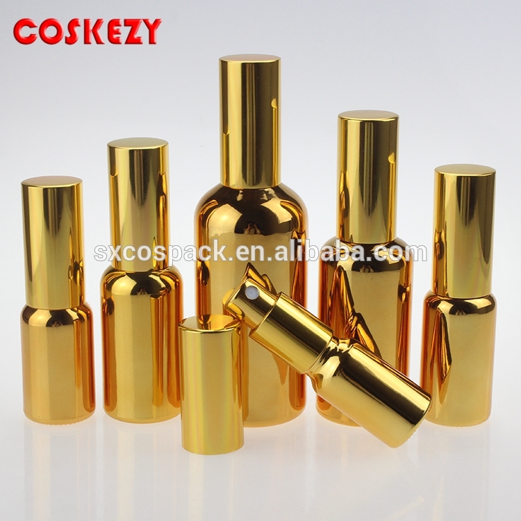 wholesale 10ml 15ml 20ml 30ml 50ml 100ml silver or gold glass oil perfume pump bottle with black cap