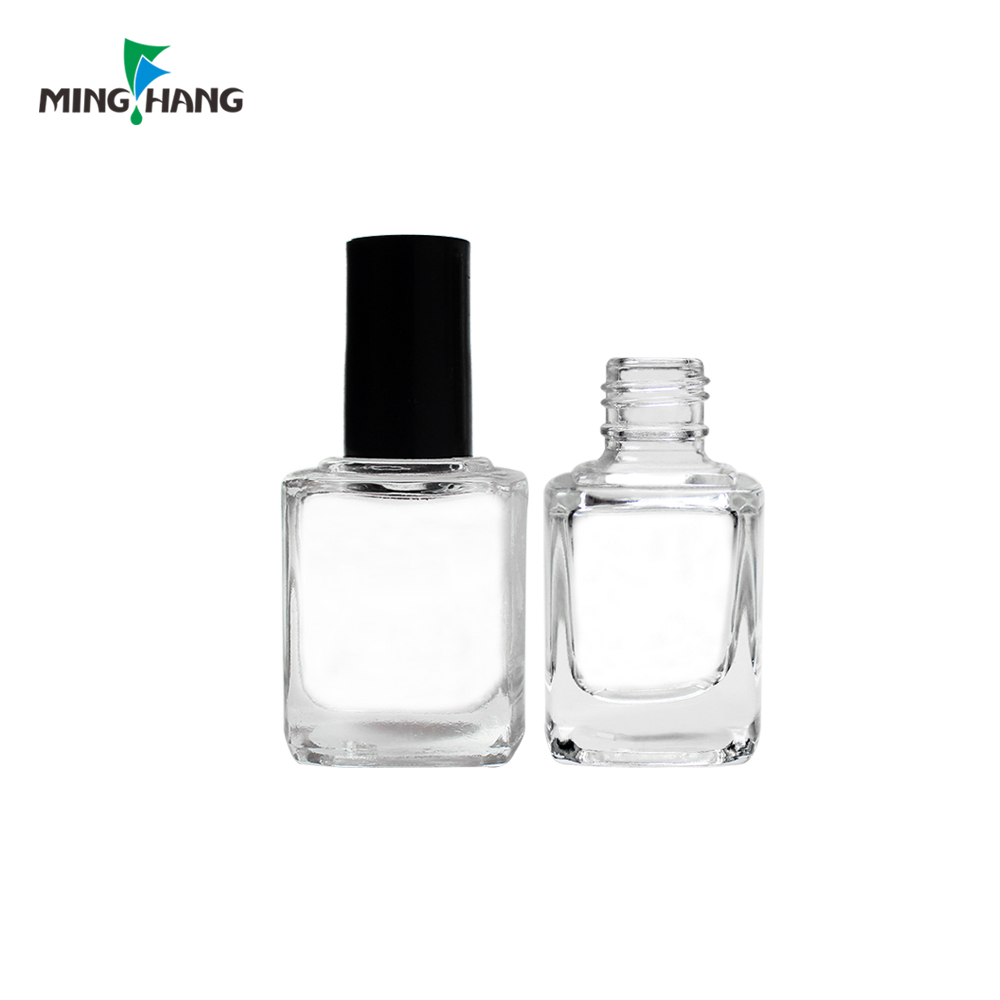 wholesale 10ml 15ml square cube refillable empty gel nail polish glass bottle with black cap and brush of paraguay