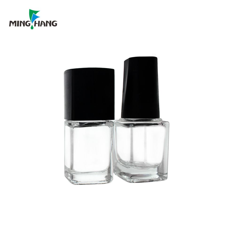 wholesale 10ml 15ml square cube refillable empty gel nail polish glass bottle with black cap and brush of paraguay