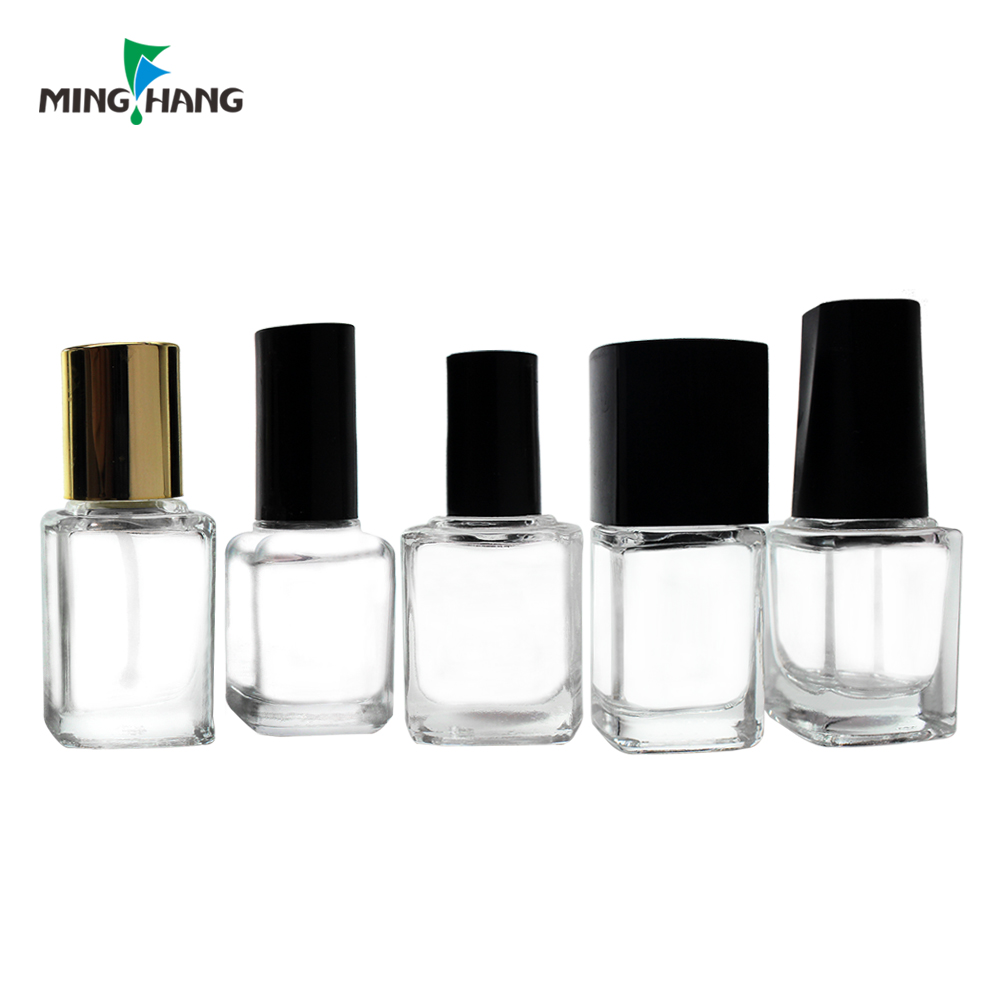 wholesale 10ml 15ml square cube refillable empty gel nail polish glass bottle with black cap and brush of paraguay