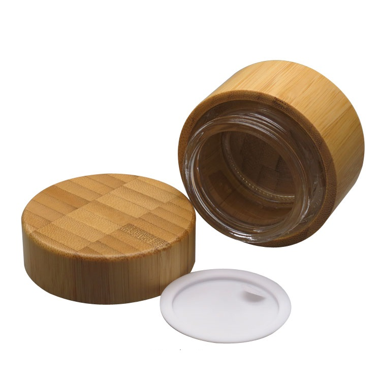 wholesale 15g 50g 100g clear frosted bamboo glass cream cosmetic jar with PP inner nature bamboo lid