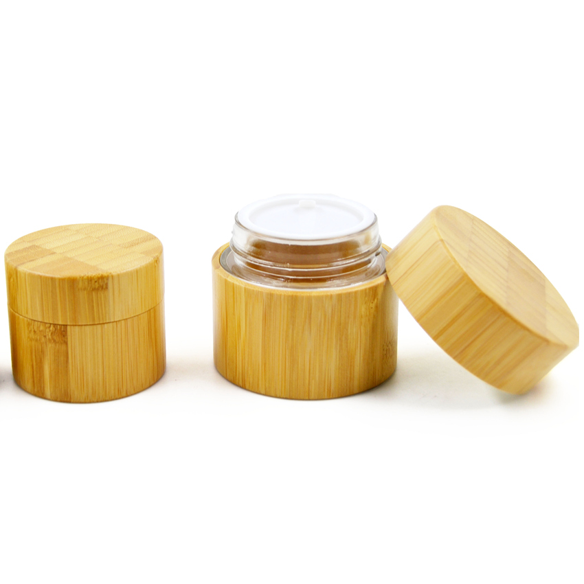 wholesale 15g 50g 100g clear frosted bamboo glass cream cosmetic jar with PP inner nature bamboo lid
