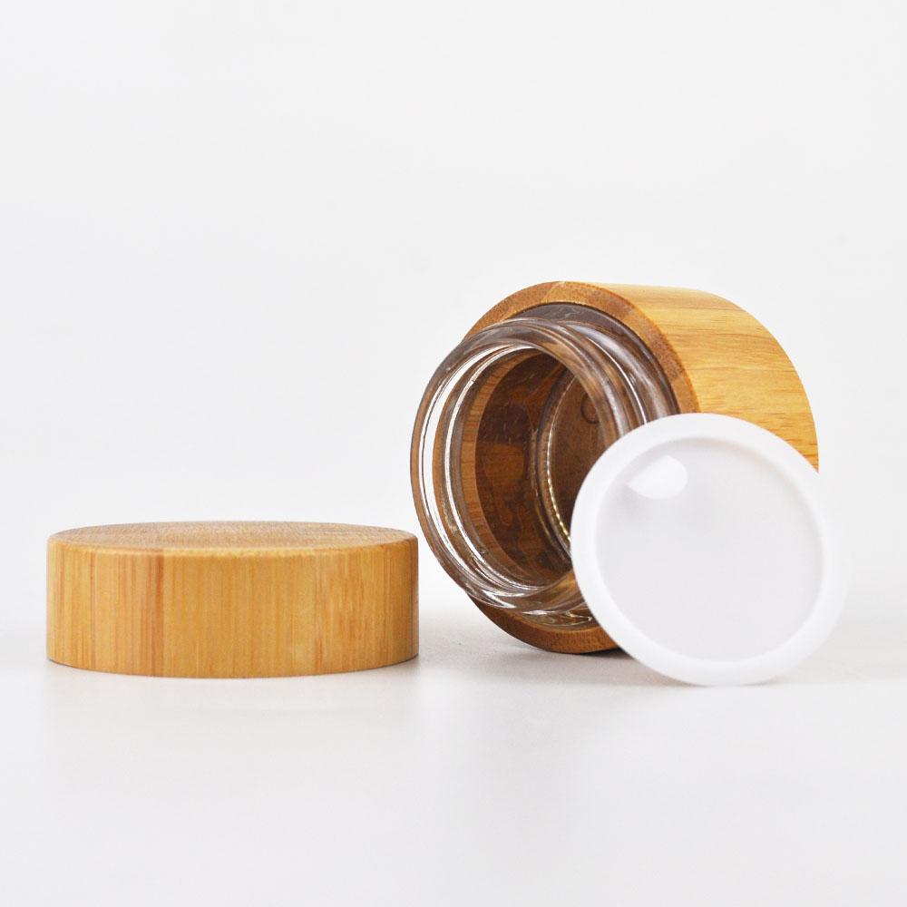 wholesale 15g 50g 100g clear frosted bamboo glass cream cosmetic jar with PP inner nature bamboo lid