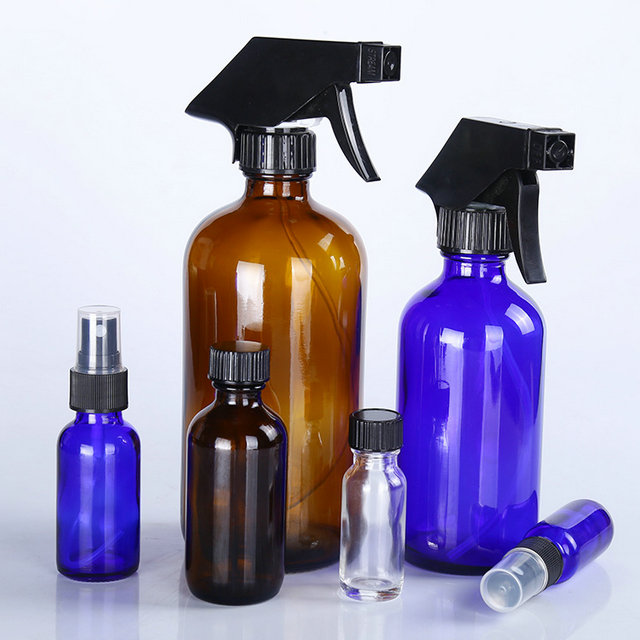 wholesale 15ml 30ml 60ml 120ml 250ml 500ml Cobalt Blue Empty Glass Boston Round Bottle with Trigger Spray Cap
