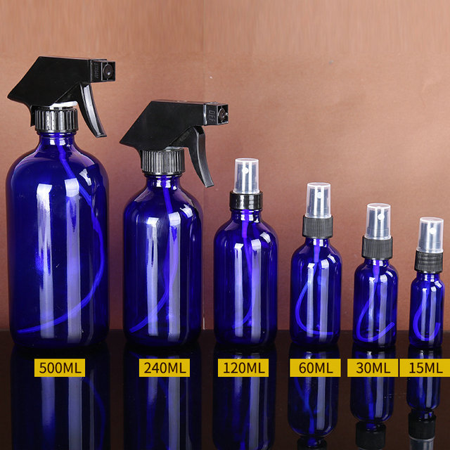wholesale 15ml 30ml 60ml 120ml 250ml 500ml Cobalt Blue Empty Glass Boston Round Bottle with Trigger Spray Cap