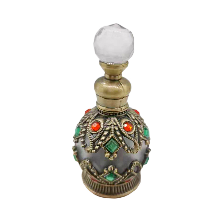 wholesale 15ml Unique dubai Arabic Style Metal Essential Oil Attar Perfume Glass Bottles with Glass Stick