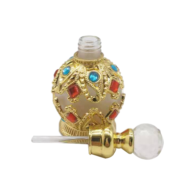 wholesale 15ml Unique dubai Arabic Style Metal Essential Oil Attar Perfume Glass Bottles with Glass Stick