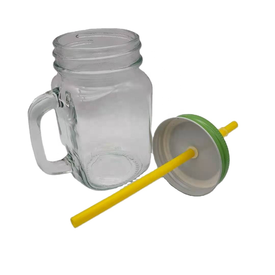 wholesale 16oz clear glass mason jars in bulk with handle straw hole tin canning lid