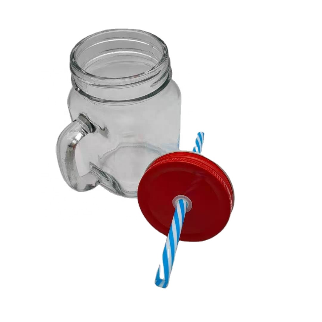 wholesale 16oz clear glass mason jars in bulk with handle straw hole tin canning lid