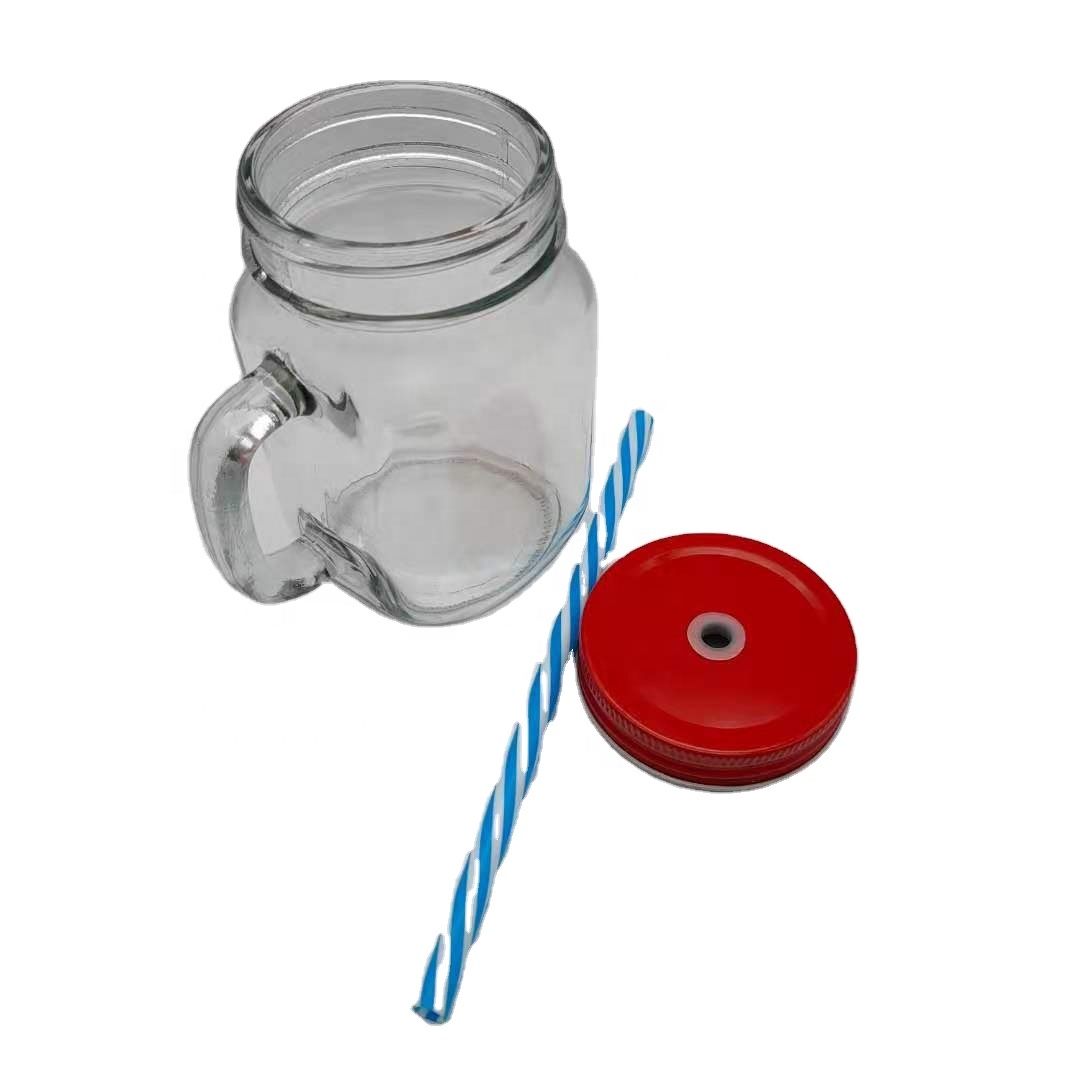 wholesale 16oz clear glass mason jars in bulk with handle straw hole tin canning lid