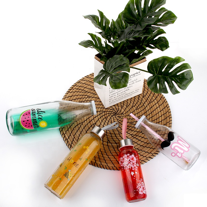 wholesale 1L milk glass bottle with animal designs lid and straws customized logo water bottles