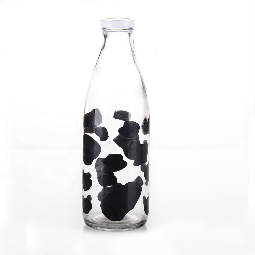 wholesale 1L milk glass bottle with animal designs lid and straws customized logo water bottles