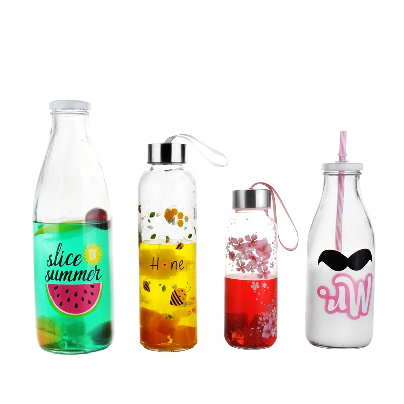 wholesale 1L milk glass bottle with animal designs lid and straws customized logo water bottles
