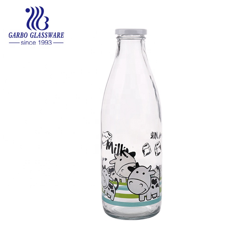 wholesale 1L milk glass bottle with animal designs lid and straws customized logo water bottles