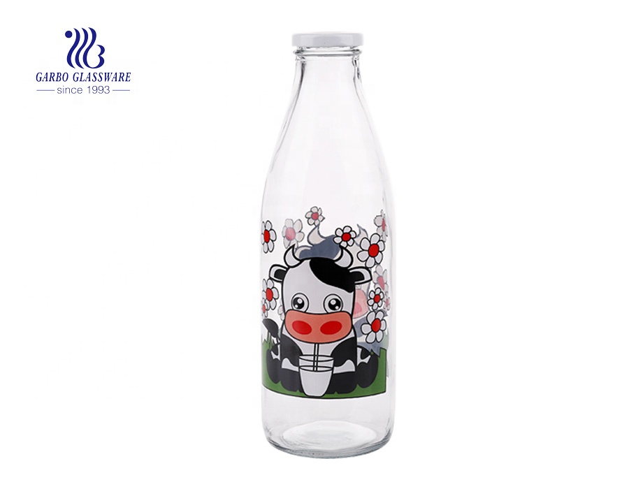wholesale 1L milk glass bottle with animal designs lid and straws customized logo water bottles